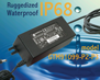 IP68 Waterproof Switching Power Supply Ac Adapter in Class I or II configuration 60W (Watt) replaces generic desktop power supplies for use in environments requiring ruggedized configurations, model GTM91099-P2-P3 Series